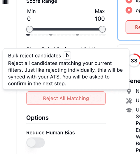 Reject All Matching action for a filtered applicant group
