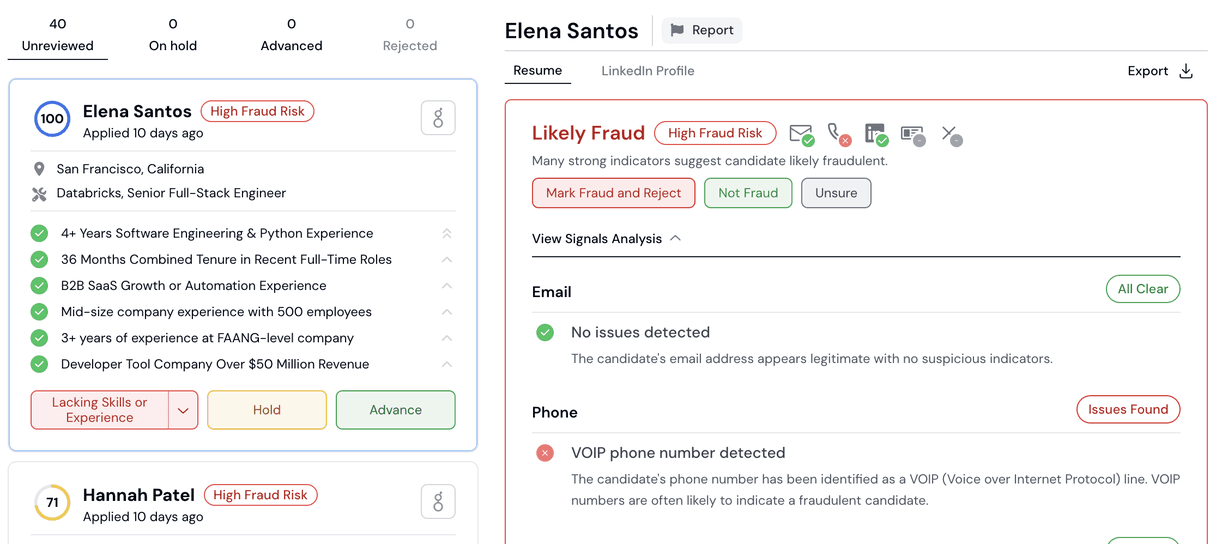 FraudShield risk badges and signal array shown inside the Endorsed platform