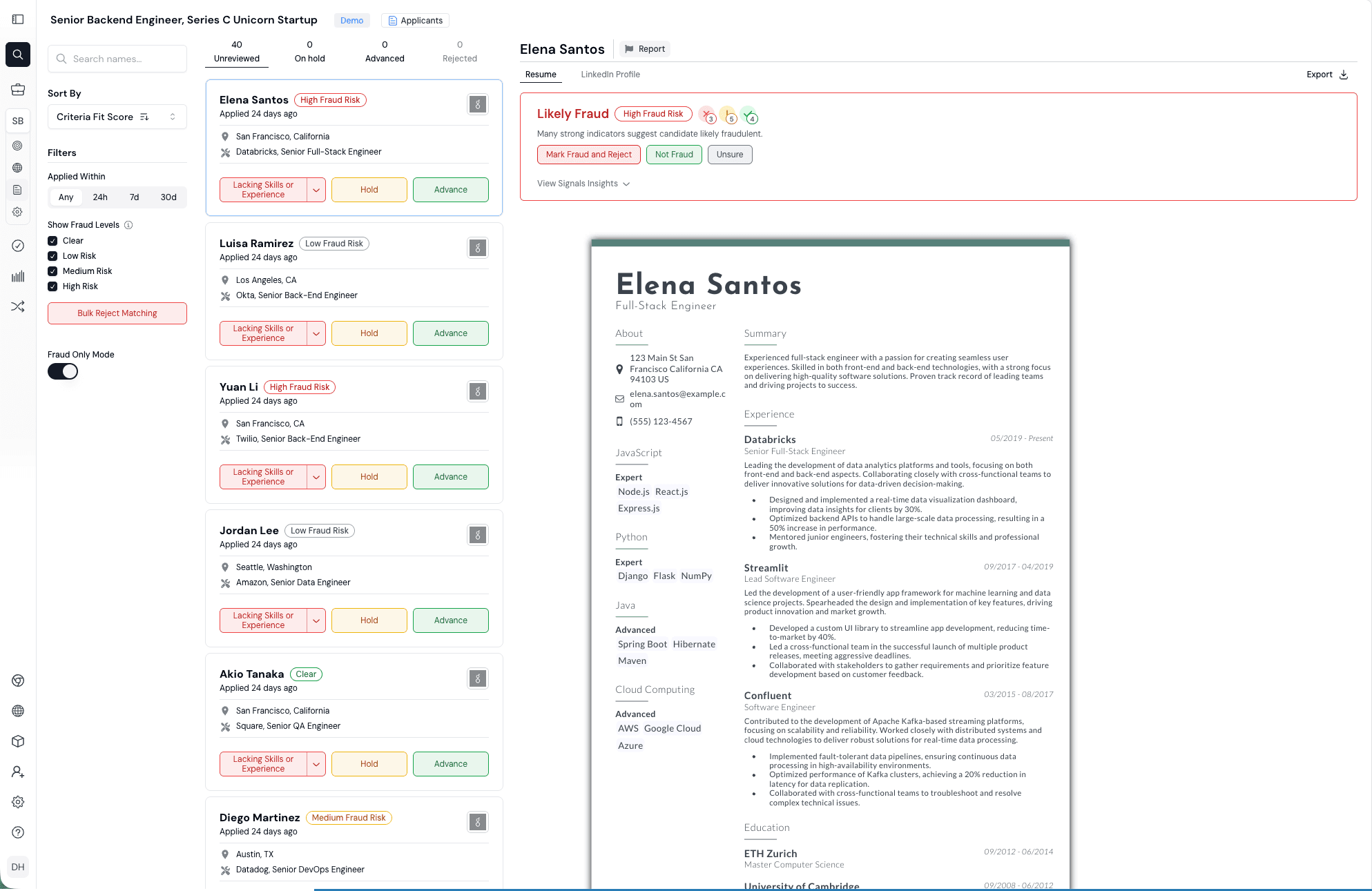 Fraud risk levels and filters across a demo applicant pool